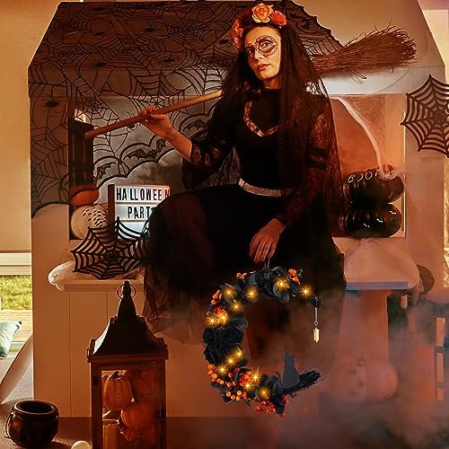 Ceenna Halloween Moon Cat Wreath with Black Roses