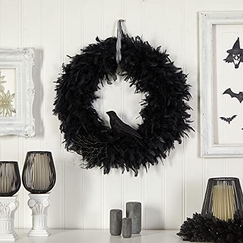 Nearly Natural 30in Halloween Raven Feather Wreath