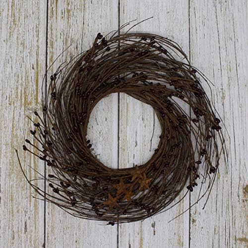 Primitives Rustic Wreath with Barn Stars and Berries 12 Inch Burgundy
