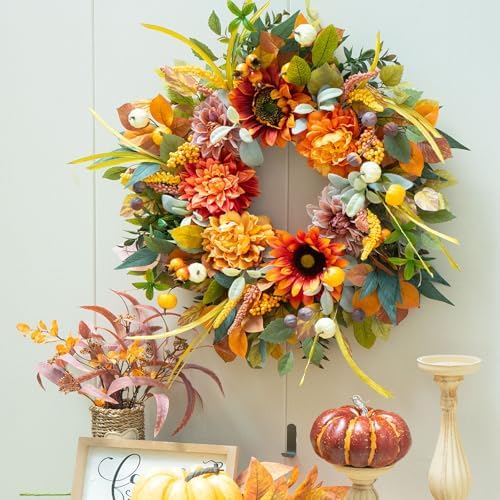 24 Inch Fall Wreath with Sunflowers Dahlias Pumpkins for Front Door