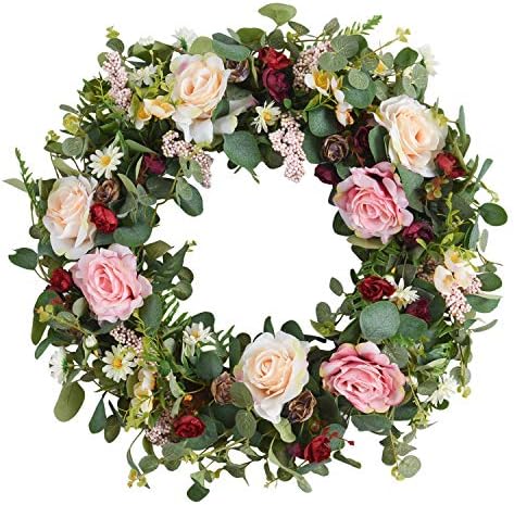 WANNA-CUL 24 Inch Spring Rose Wreath for Front Door Decor