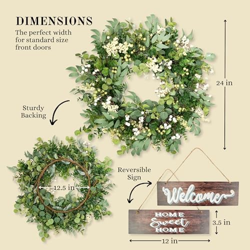 Artificial Eucalyptus Wreath with Berries 24 Inches Reversible Sign