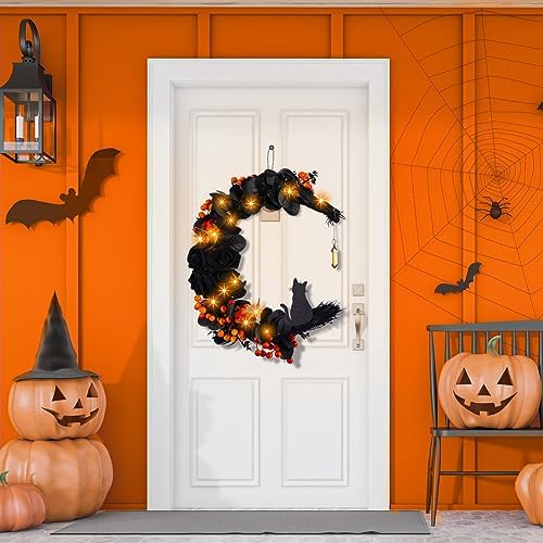 Ceenna Halloween Moon Cat Wreath with Black Roses