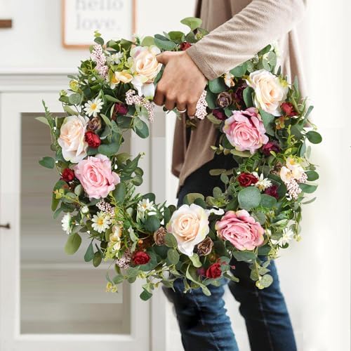 WANNA-CUL 24 Inch Spring Rose Wreath for Front Door Decor