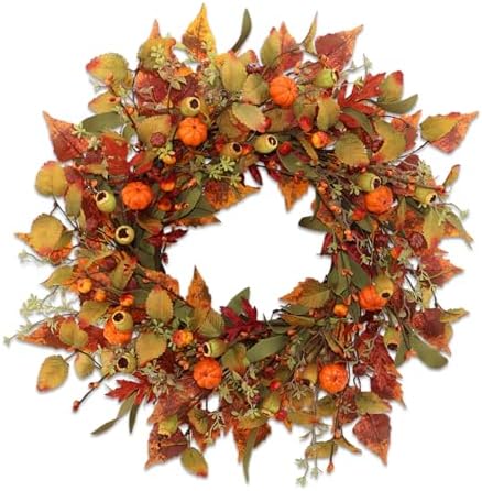 22 Inch Artificial Fall Wreath with Pumpkin and Maple Leaves