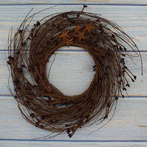 Primitives Rustic Wreath with Barn Stars and Berries 12 Inch Burgundy