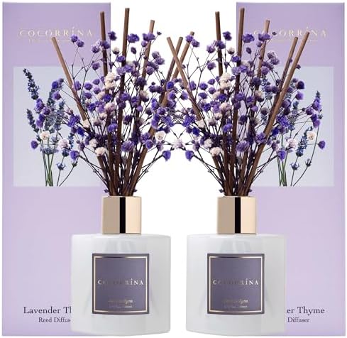 Cocorrina Premium Reed Diffuser Set with Preserved Babys Breath and Cotton Stick Lavender Thyme 2 Packs