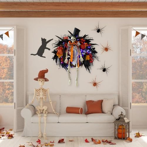 28 Inch Halloween Skeleton Wreath with Lights