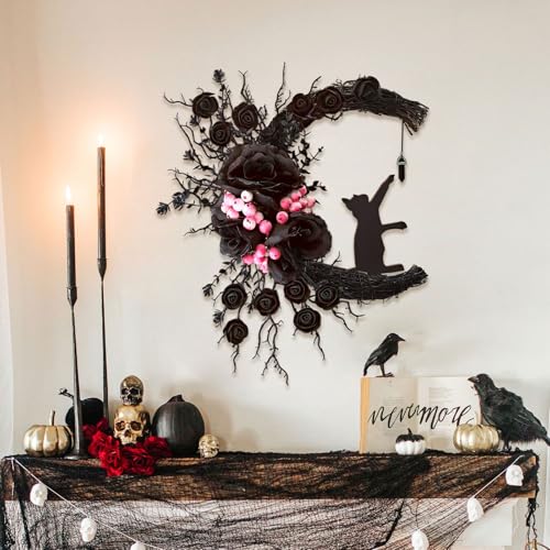 Spooky Halloween Wreath with Lights Black Cat Moon Door Decor