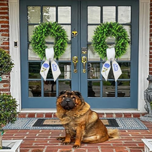 Vofuly Boxwood Wreath with Monogram Sash - 20 Inch
