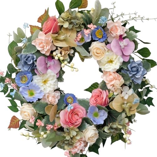22 Inch Artificial Flower Wreath with Roses Orchid Gardenia Hydrangea