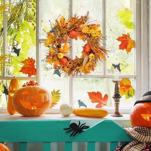 19 Inch Fall Wreath with Pumpkins and Maple Leaves