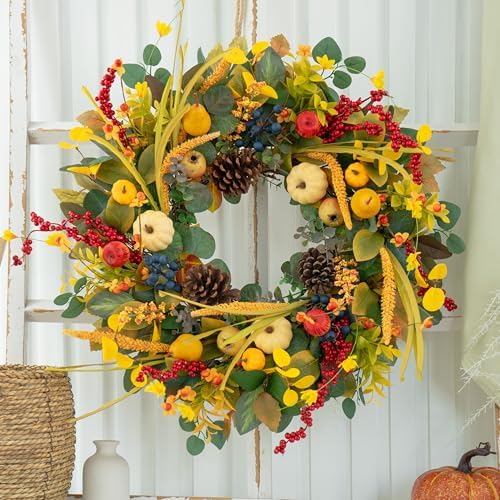 24 Inch Fall Wreath with Yellow White Pumpkins Red Berries Eucalyptus Pinecones