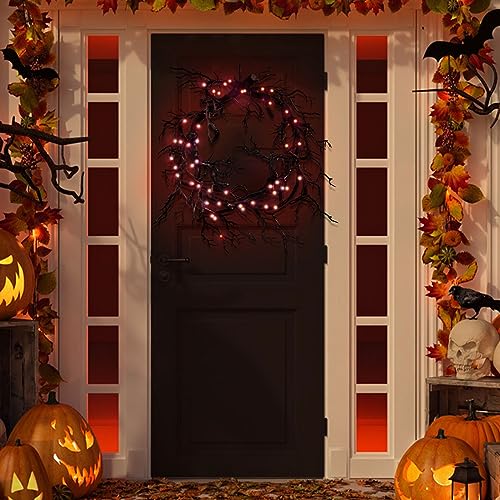Glitter Black Branch Halloween Wreath with Red Lights