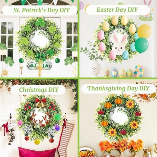 Yinfidee 18 Inch Artificial Green Boxwood Wreath with Buffalo Plaid Bow and LED Lights