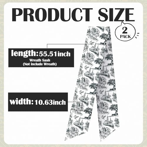 Black Wreath Sash for Front Door - 2 Pcs French Toile Accents for Home Decor