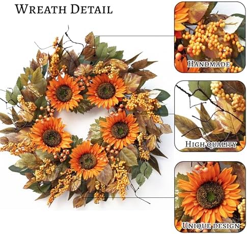 22 Inch Fall Door Wreath with Sunflowers and Leaves