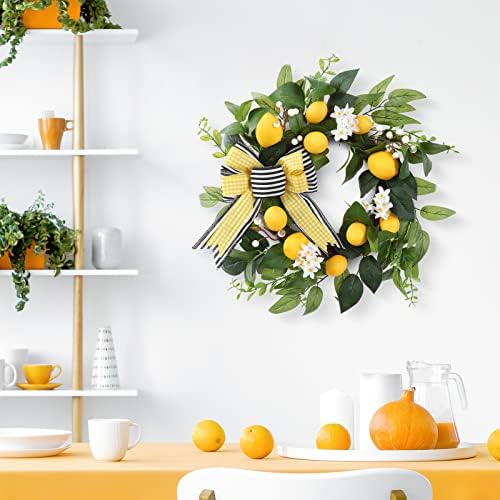 20 Inch Lemon Wreath for Front Door with Daisy Bow Eucalyptus Leaves and White Berries