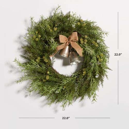 22 Inch Decorative Artificial Pine Wreath with Gold Bells and LED Lights