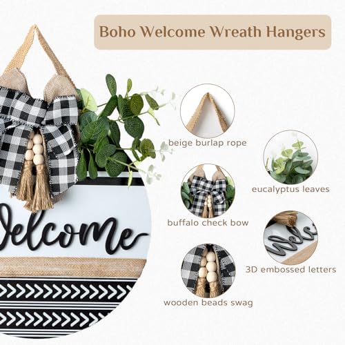 Welcome Sign for Front Door Decor - Walasis 12inch Wooden Farmhouse Wreath with Bow Beads