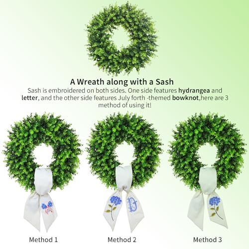 Vofuly Boxwood Wreath with Monogram Sash - 20 Inch