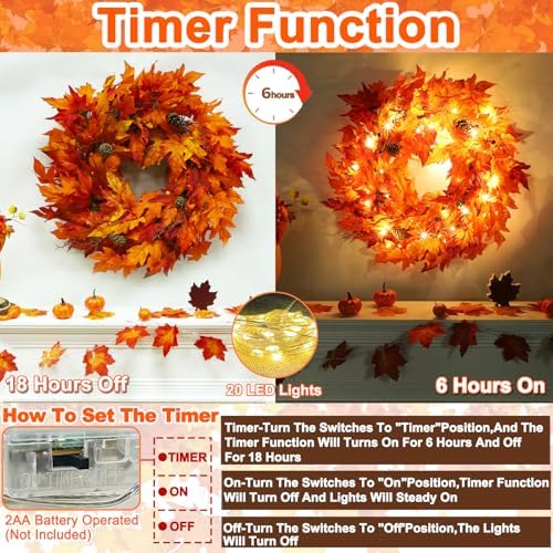 24 Inch Lighted Fall Wreath with Timer for Front Door
