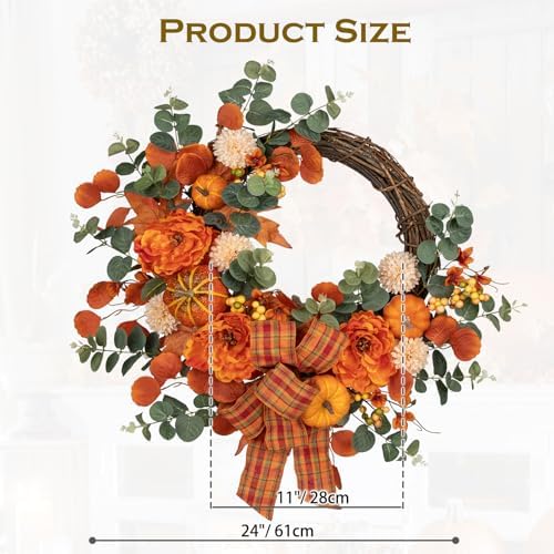 24 Inch Artificial Fall Wreath for Front Door