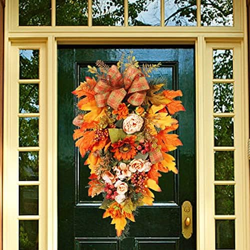 Fall Teardrop Wreath for Front Door 216 Thanksgiving Decor with Pumpkins and Maple Leaves
