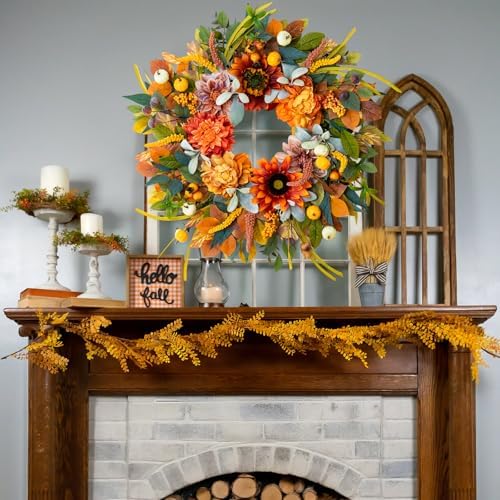 24 Inch Fall Wreath with Sunflowers Dahlias Pumpkins for Front Door