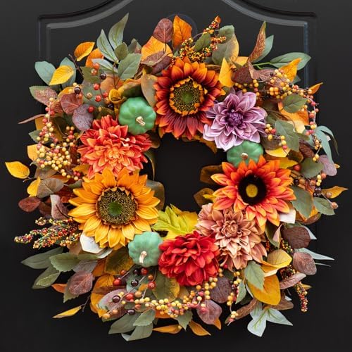 24 Inch Fall Door Wreath with Pumpkins and Berries