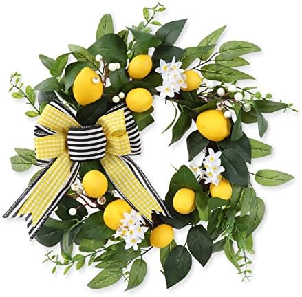 20 Inch Lemon Wreath for Front Door with Daisy Bow Eucalyptus Leaves and White Berries