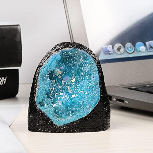 Rockcloud Blue Titanium Coated Crystal Geode for Home Office Decoration