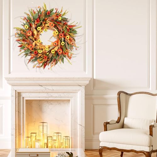 24 Inch Fall Wreath for Front Door Decor with Eucalyptus and Daisies