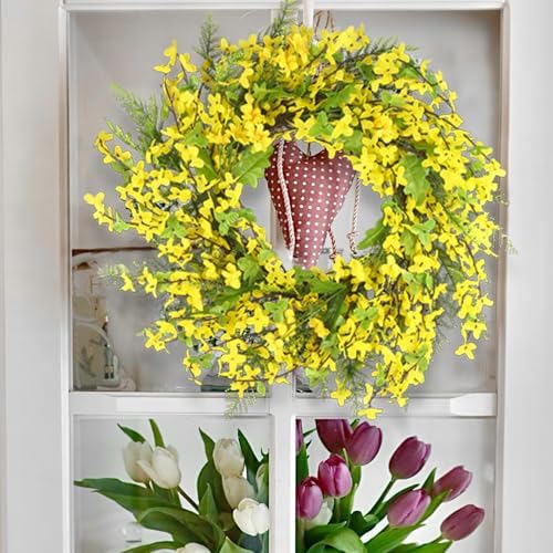 Cityes Yellow Forsythia Spring Wreath 20 Inches Artificial Floral Wreath for Front Door Decor