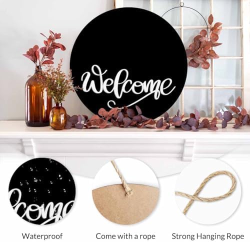Welcome Sign Front Door Porch Black 12in Round Wreath Wall Decor Farmhouse