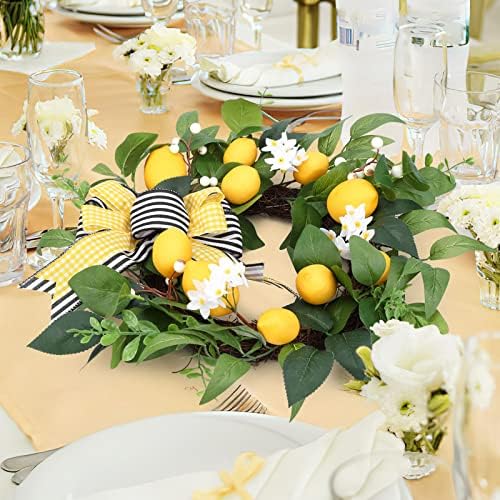 20 Inch Lemon Wreath for Front Door with Daisy Bow Eucalyptus Leaves and White Berries
