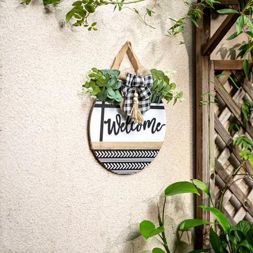 Welcome Sign for Front Door Decor - Walasis 12inch Wooden Farmhouse Wreath with Bow Beads