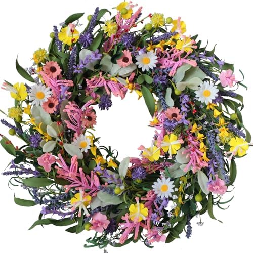 Bibelot Spring Wreath for Front Door 22 Inch Artificial Floral Decor with Daisy Lavender and Wildflowers