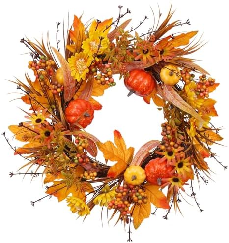 19 Inch Fall Wreath with Pumpkins and Maple Leaves