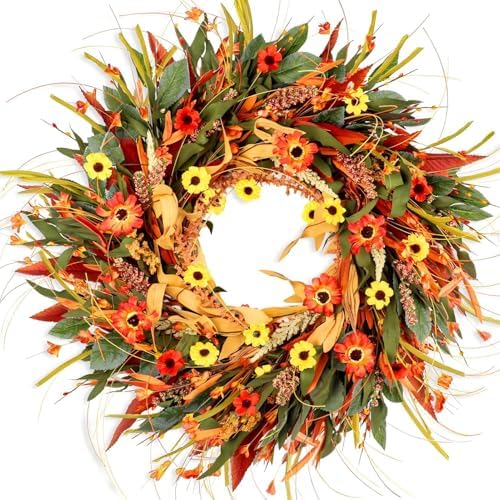 24 Inch Fall Wreath for Front Door Decor with Eucalyptus and Daisies