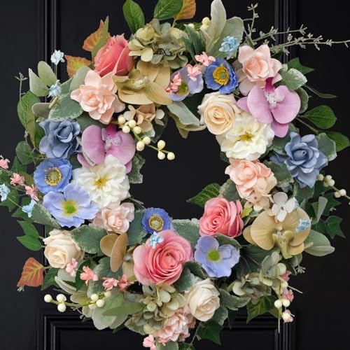 22 Inch Artificial Flower Wreath with Roses Orchid Gardenia Hydrangea
