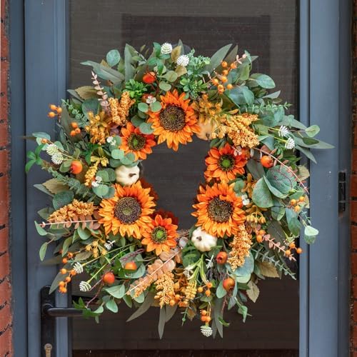 24 Inch Fall Door Wreath with Sunflowers and Berries
