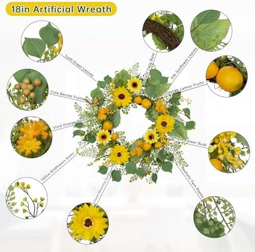 Lemon Sunflower Wreath for Front Door Spring Decor
