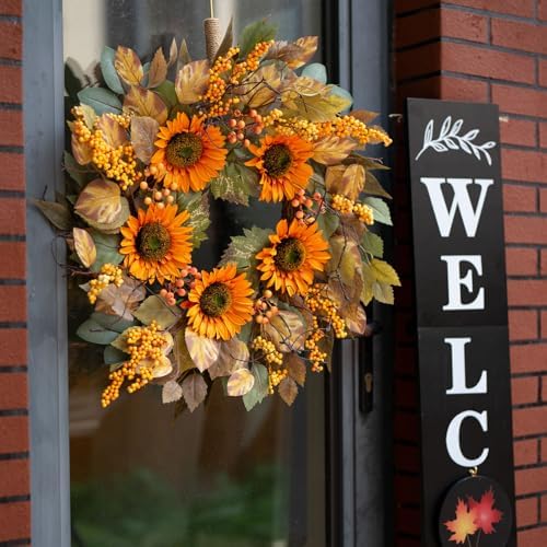 22 Inch Fall Door Wreath with Sunflowers and Leaves