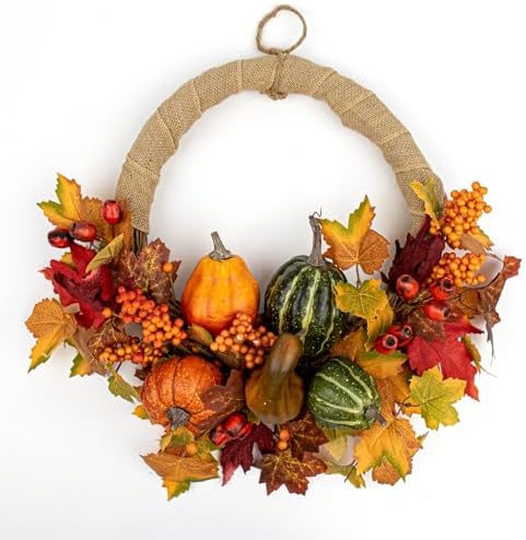 LLZLL Fall Wreath 20 Inch Artificial Thanksgiving Wreath with Pumpkins Berries and Leaves for Front Door