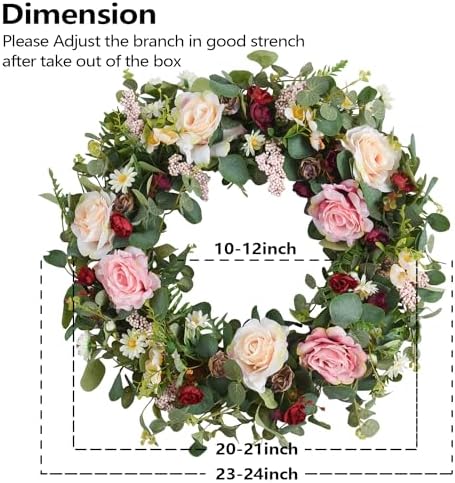 WANNA-CUL 24 Inch Spring Rose Wreath for Front Door Decor