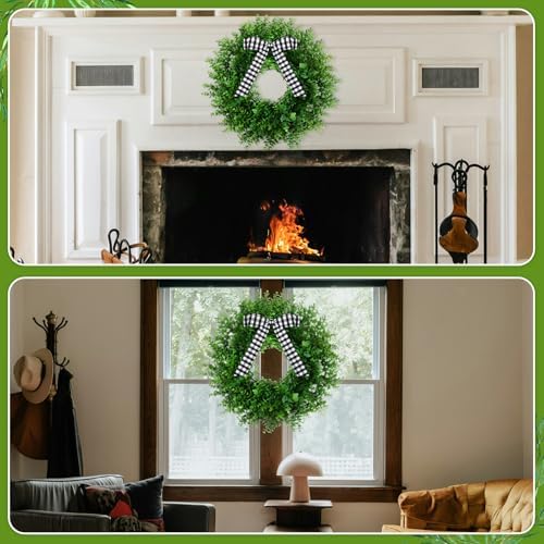 Artificial Boxwood Wreath with 3 Plaid Bows for Front Door