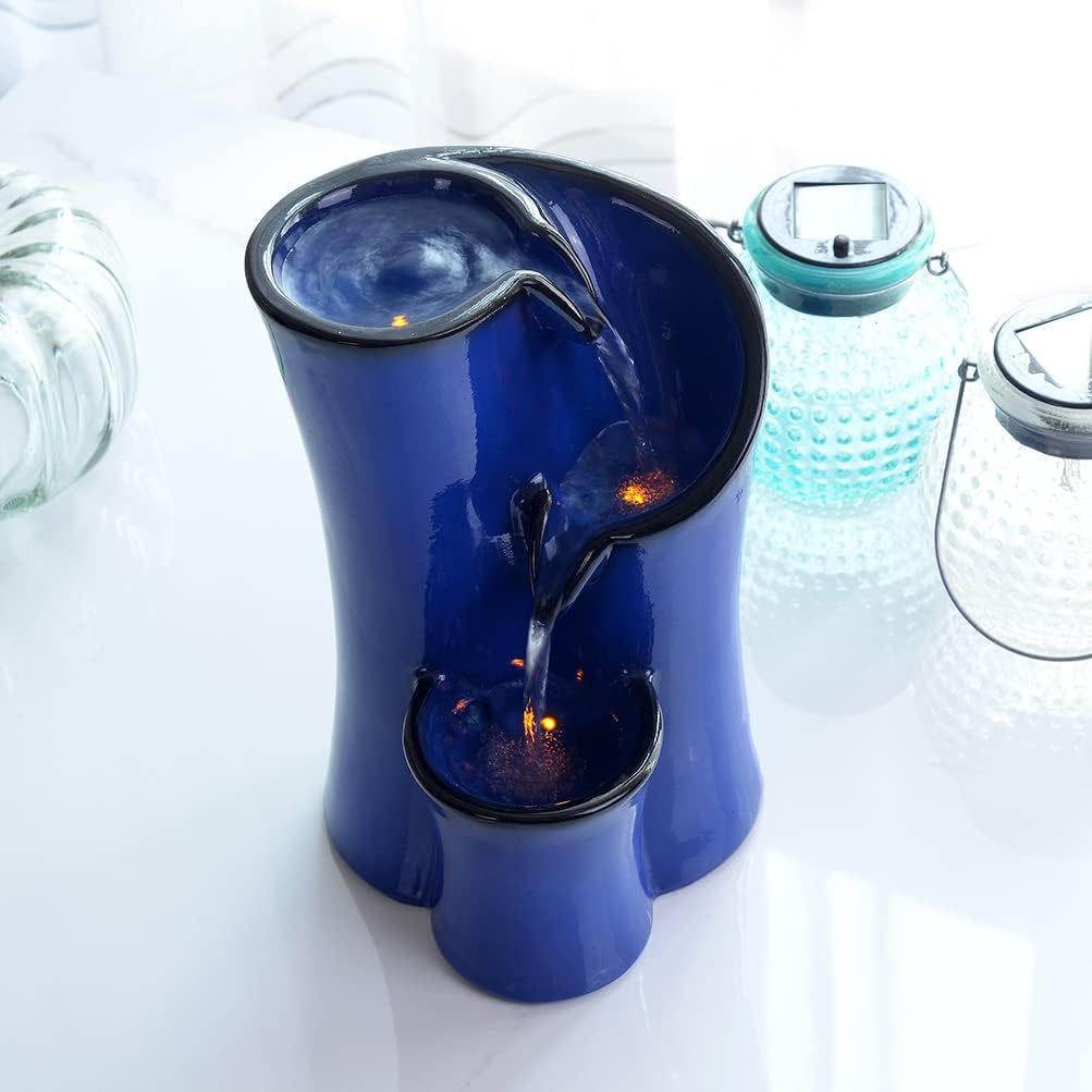Blue Imitation Ceramic Tabletop Fountain with 3 Reflective LED