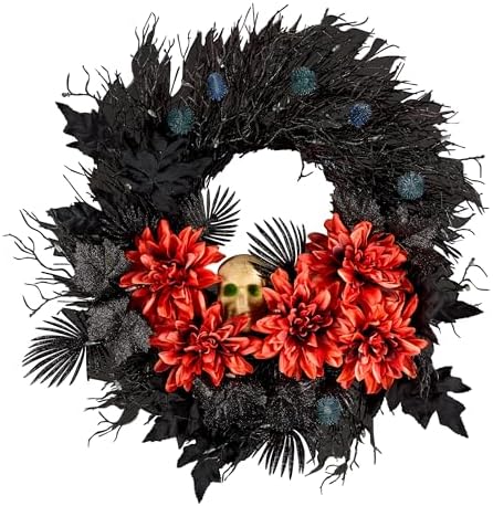 National Tree Company 24 Inch Artificial Halloween Wreath with Orange Florals and White Skull