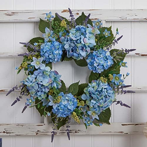 Nearly Natural 24 Inch Hydrangea Wreath Blue